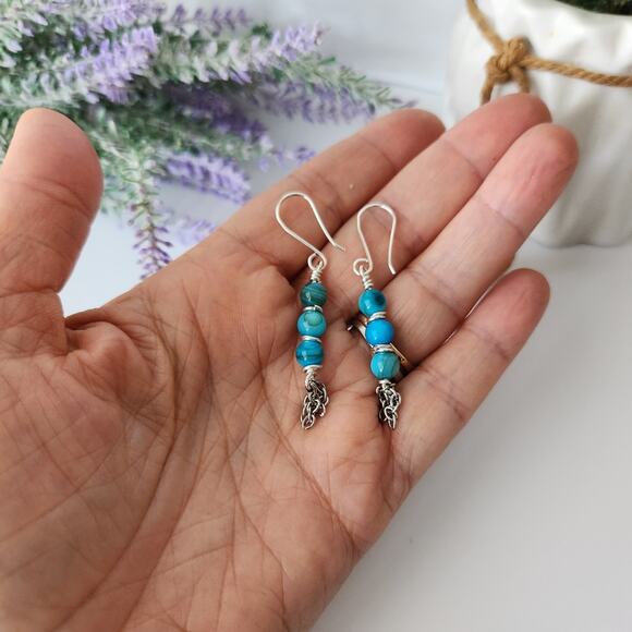 Turquoise Seashell Beads Tassel Earrings, Silver Plated Wire Wrapped Earrings - Picture 6 of 6
